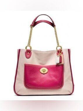 COACH Poppy Pebbled Leather Colorblock Tote with Dust Bag